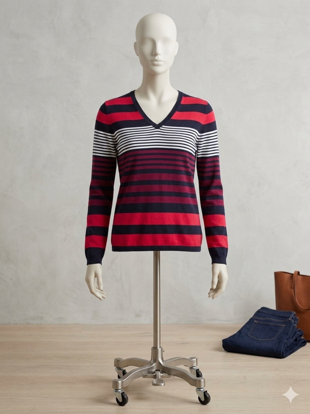 Tommy Hilfiger Navy and Red Striped V-Neck Sweater